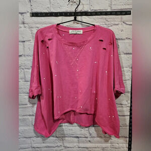 Jules and James distressed pink shirt with rips and splatter effect Size Large